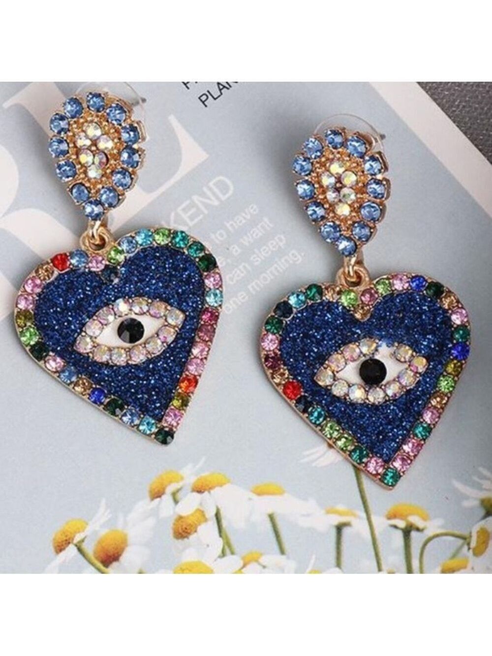 All Seeing Eye heart rhinestone heart encrusted dangle earrings NWT